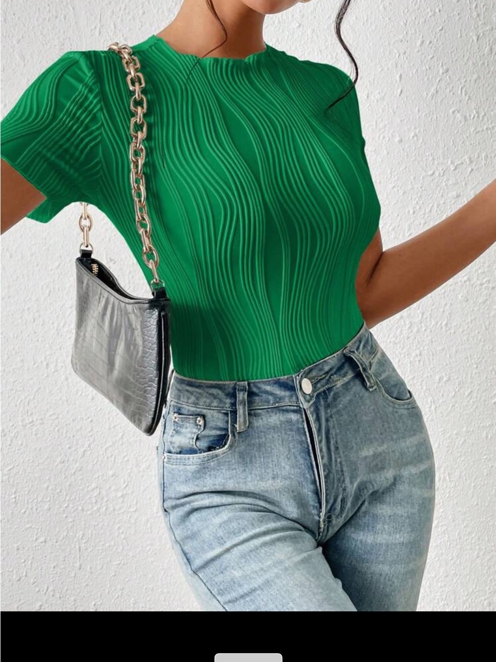 SHEIN Green Textured Ribbed Short Sleeve Bodysuit